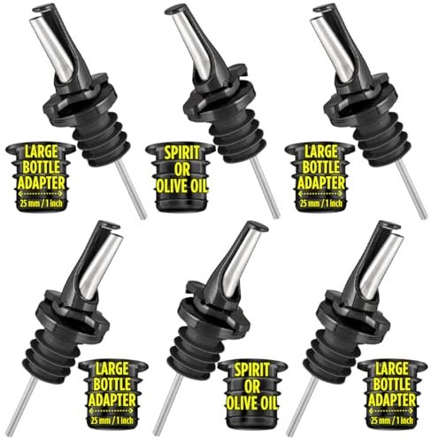 POURA 3-in-1 Liquor Pour Spout, BPA-Free Rubber & Fruit Fly Protection - Dishwasher Safe Speed Pourer for Alcohol, Olive Oil, Juice, Syrup – 6 Pack Black with Large Bottle Adapters