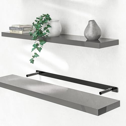 Casaria® Wandregal Holz Grau Regal mit Halterung 15kg Tragkraft Hängeregal Küche Wohnzimmer Flur Wand Schweberegal Bücherregal Regalbrett Schwebend Hochglanz 110cm