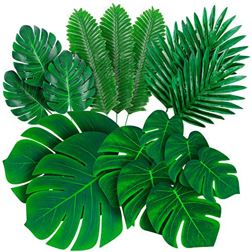 Decopom Lot de 84 Feuilles Palmier artificielles Monstera Tropicales - 6 Sortes Grandes et Petites Vertes avec tiges pour Safari, Jungle, hawaïen, Luau Décoration Table Mariage, d'anniversaire