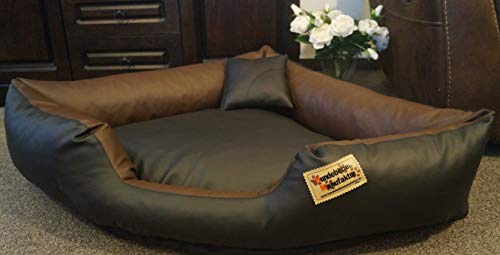 Hundebettenmanufaktur Hundebett Eckbett Hundesofa Schlafplatz Kunstleder Canto (80 cm X 80 cm, Schwarz Braun)