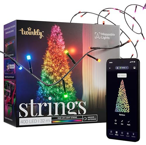 Twinkly Strings 400 LED RGB, LED Light String for in- and Outdoor, Smart LED Lights, Mappable LEDs, Compatible with Alexa and Google Home, IP44, Controlled by App, Black Wire, 32m