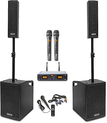 Vonyx VX1050 2.2 Professional Karaoke System with Wireless Microphones, Speaker Stands & Bluetooth - Complete Active PA Speaker Setup for Home, Pub & Bar Karaoke Systems, 1150W Output