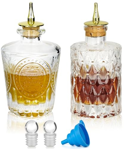 Bitters Bottle Set of 2，Glass Dasher Bottle, Decorative Bottle for Cocktail with Gold Dash Top