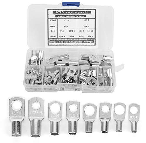 65Pcs Marine Grade Heavy Duty Tinned Copper Wire Lugs Battery Cable Ends Eyelets SC Ring Terminal Connectors Assortment Kit, Terminals