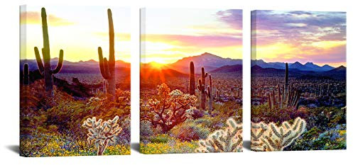 Biuteawal 3-teiliges Saguaro-Kaktus-Leinwandbild, toller Sonnenuntergang bei Arizona Sonoran Wüstenlandschaft, Bild, Gemälde, Druck, Natur, Südwest, Kunstwerk, Wohnzimmer, fertig zum Aufhängen