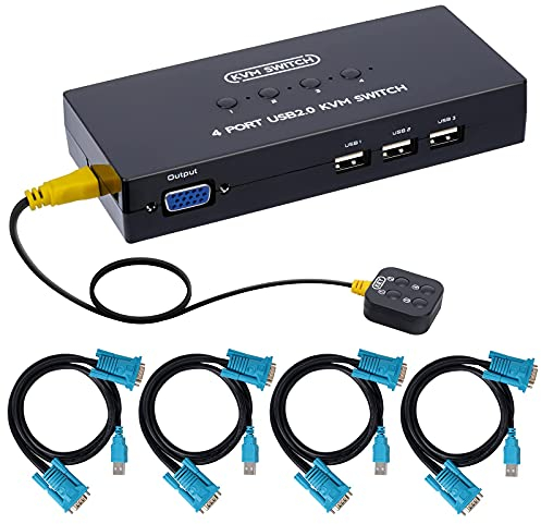 VGA KVM Switch, USB e VGA Commutatore con 4 Cavi KVM, 4 Porte Switch Box per PC Monitor, Tastiera Mouse, Scanner, Stampante