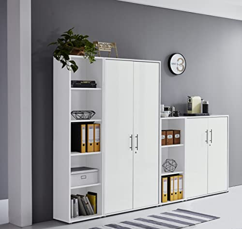 abschliessbare Regalwand Aktenschrank Büroschrank Schrankwand Büromöbel Regal Office Edition in Weiß/Weiß Matt (Set 4)