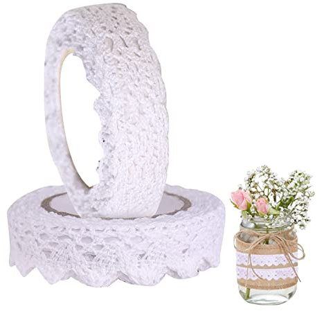 Yunzen 2Rollen Spitzenband Weiß Vintage Selbstklebend Deko Banderolen Spitze Spitzenbordüre Zierband Spitzenborte Spitzenbesatz Dtoffband Dchleifenband Hochzeit 3Mx15mm für Scrapbook Basteln Geschenk