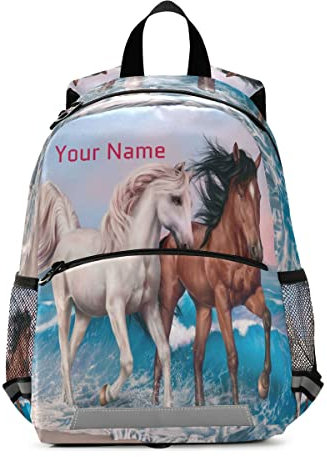 Mnsruu Rucksack mit individuellem Namen, personalisierbar, für Jungen und Mädchen, Tier, Liebe, Pferd, Paar, Kindergarten, Vorschule, Kindergarten, Reisetasche, mehrfarbig, M