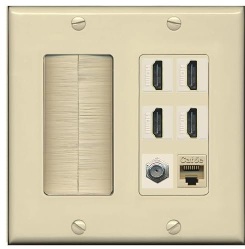 RiteAV Cavo coassiale HDMI a 4 porte 1 - piastra da parete Ethernet tipo F 1 Cat5E - spazzola [avorio/avorio]