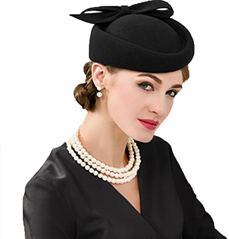 Wollfilz Vintage Fascinator Winter Frauen Elegant Pillbox Hut Schleife Derby Kirche Hut Retro Fedoras, Schwarz, Medium