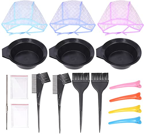 Glarks Lot de 3 kits de coloration professionnelle de cheveux avec crochet en métal, châle jetable, gants, pinceau à colorer, bol mélangeur, peigne et brosse coudée, pince à cheveux pour teinture des