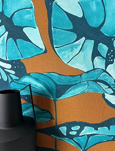 Newroom Tapete Braun Vliestapete Blätter - Blumentapete Floral Blau Petrol Lotusblätter Natur Mustertapete Asiatisch Lotusblätter Leinenoptik inkl. Tapezier-Ratgeber