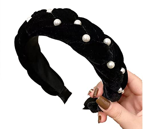 Yurosiay Samt Haarreifen Damen Haarreif Samt Geflochten Vintage Breit Geflochtenes Stirnband Mit Weiße Perlen Elastische Samt Haarband Mode Elegant Haarreifen für Damen Mädchen Schwarz 1#