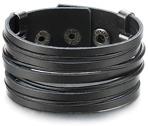 COOLSTEELANDBEYOND Ancha Cuero Pulsera Negro, Hombre Mujer Multi-Hilo Cuero Pulsera del Abrigo con Snap Botón, Minimalista