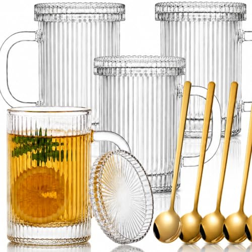 Noamus 4 Pack Glass Coffee Mugs with Lid & Spoon, 400ml Classic Stripe Latte Glasses with Handle, Glass Coffee Cups Drinking Glassware Set for Cappuccino Macchiato Tea Milk Juice, Cold & Hot Beverages