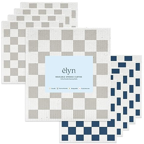 ELYN Swedish Dishcloths, Reusable & Washable Sponge Cloths, Absorbent Cleaning Paper Towels for Kitchen, Dishes, Counters and More, 10 Pack, Grey & Navy Pattern