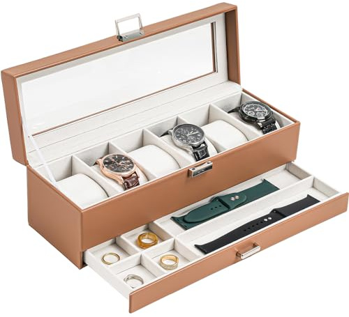 ProCase Uhrenbox mit 6 Fächern，Uhrenkasten mit Glasdeckel, 2 Ebenen, Uhrenkoffer mit herausnehmbaren Uhrenkissen, Uhrenschatulle für Schmuck, Ringe, Armbänder und Halsketten -Khaki | Uhrenkasten Uhrenkoffer mit herausnehmbaren Uhrenkissen, Uhrenschatulle für Schmuck Ringe Armbänder Halsketten
