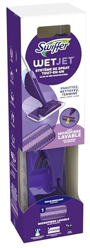 Swiffer Balai WetJet, Kit de Démarrage (1 Balai + 1 Lingette Micro-Fibre Lavable + Lingettes Jetables + 1 Solution Nettoyante), Solution Multi-Surfaces, Élimine la Saleté Sans Traces ni Résidus