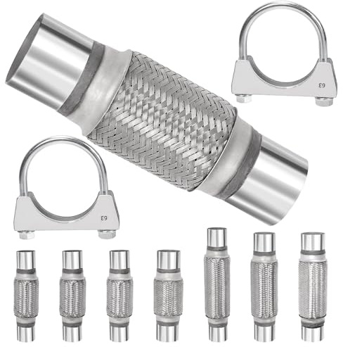 Swpeet 3Pcs 2.5 X 6 Inches Exhaust Flex Pipe with 2.5 Inches Exhaust U Clamp Kit, Universal Type Stainless Steel Double Braid Zinc Pipes Exhaust Flex Tube Ideal for Heavy Duty and Cars