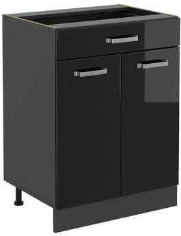 Vicco Küchenunterschrank R-Line, Schwarz Hochglanz, 60 cm | 1 Schublade · Ohne Arbeitsplatte · Höhenverstellbare Füße · 2 Türen · ✓ Leichter Zugriff