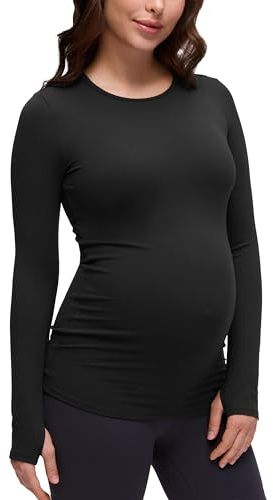 CRZ YOGA Butterluxe Långärmade Mammatoppar Rundringad Graviditetströja Mjuk Atletisk Yoga Casual T-shirt Blusar Svart M