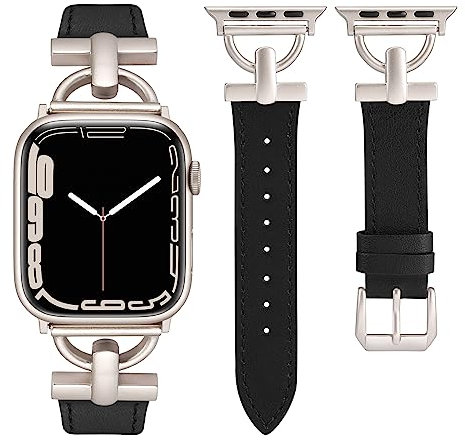 Wearlizer Leather Strap Compatible with Apple Watch Strap Women 42mm 44mm 45mm 49mm Ultra 2, Dressy Fancy Leather Strap for iWatch Bands Series 9 8 SE 7 6 5 4 3 2 1 Black/Starlight Buckle
