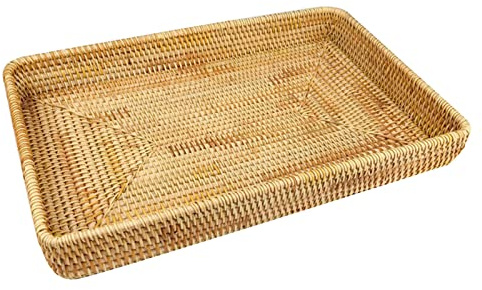 Plateau de Service Rectangulaire en Osier, Plateau en Rotin Tissé à la Main pour Table Basse, Panier de Rangement Décoratif, Plateaux pour Collations, Pain aux Fruits, Organisation de Salle de(L)