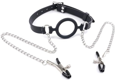 Silikon Sexspielzeug Offener Mund O-Ringe Sex Knebel mit Nippelklammern, BSM Beißknebel für Bondage Fesseln, Bondage Knebel für Sexspiele, O-Ringe Sex Knebel Maulkörbe (Schwarz-1)