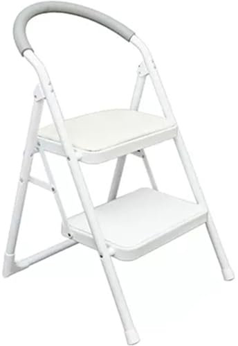 Tritthocker, Tritthocker für Küche, Doppelzweck, tragbarer Klappleiter mit abgerundeten Armlehnen, Wohnzimmer, doppellagig, schmiedeeiserne Rückenlehne, keine Montage erforderlich (Farbe: Weiß)
