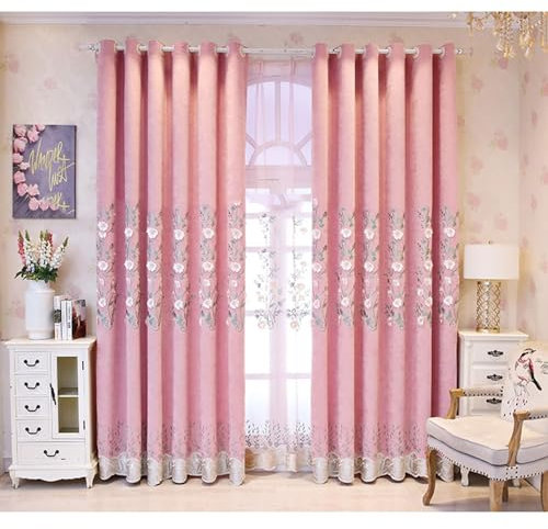 Bishilin Vorhänge Verdunklung mit Ösen, Gardinen Blickdicht 2er Set Rosa Stickerei mit Blumen Motiv Landhausstil 96x214CM Verdunkelungsvorhänge Kinderzimmer Schlafzimmer Wohnzimmer