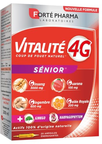 Forté Pharma Complément energie Vitalité 4G Sénior 20 ampoules | Fatigue, résisance physique, Complexe 4G : Ginseng, Gingembre, Guarana, Gelée Royale + Harpagophytum, 20 jours