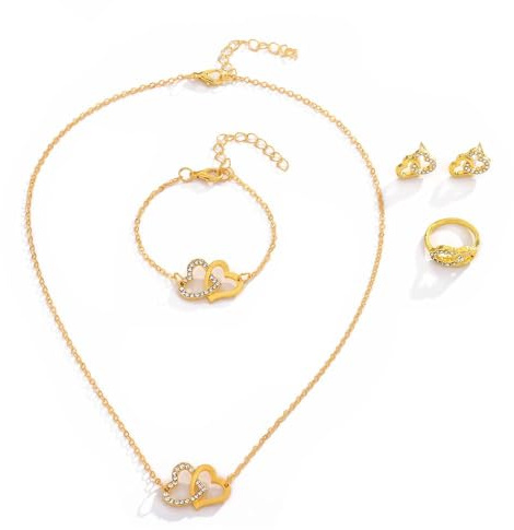 FDEETY Schmuckset Damen Doppelt Herz Kristall Anhänger Halskette Ohrstecker Armband Ringe Schmuck Set Brautschmuck Geschenke für Mädchen Hochzeit Engagement Party (Gold)