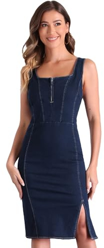 Allegra K Robe Moulante en Jean pour Femme sans Manches Fendue à Col Zippé Robe Débardeur à Bretelles Spaghetti Bleu foncé XL