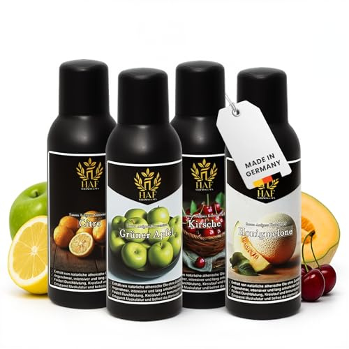 HAF Saunaaufguss Set „Fruchtige Oase“ - 4 x 100ml Sauna Aufgussmittel Citro, Grüner Apfel, Honigmelone, Kirsche - Saunaduft mit natürlichen ätherischen Ölen & ohne Zusätze