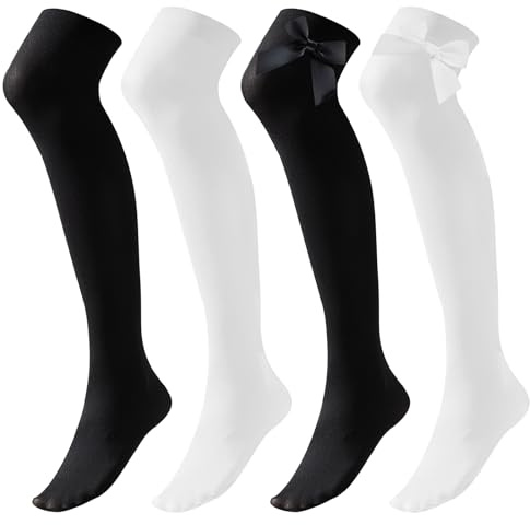 ZOCONE 4 Pairs Thigh High Socks Opaque Satin Bow Stockings for Women Girls, Black White Knee High Socks with Bows Satin Over the Knee Socks for Women Girls