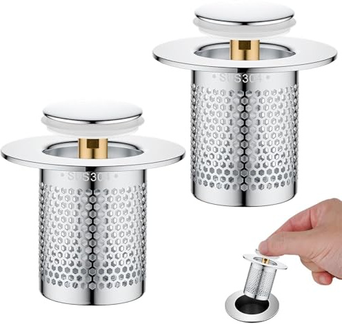 2 Stück Waschbeckenstöpsel Pop Up Edelstahl, Edelstahl Bodenabflusssieb, Abflussstopfen Waschbecken, Abflussstopfen mit sieb, 34-40mm Pop Up Ablaufgarnitur Stöpsel für Badezimmer Küchen