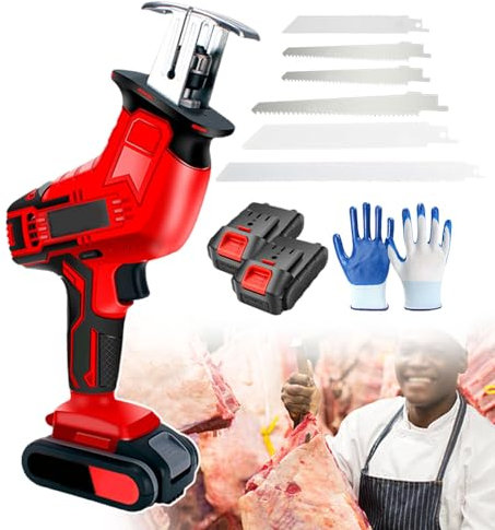 Máquina cortadora de huesos eléctrica, máquina cortadora de huesos de carnicero, con 6 hojas de sierra y 12 pares de guantes, kit de herramientas para cortar carne, mango de goma (2 baterías)