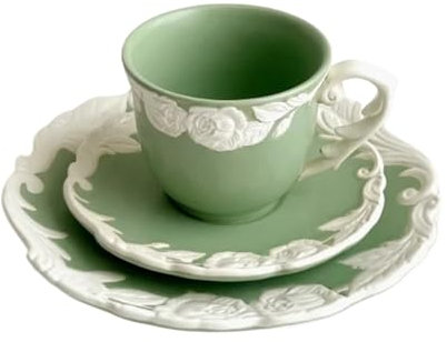 HFLdma Teeservice Keramik Rose Kaffeetasse Set Luxus Retro Geprägte Platte Reines Porzellan Becher Nette Espresso Kaffee Tasse Set Restaurant Dekor Teeset Aus Porzellan(Green)
