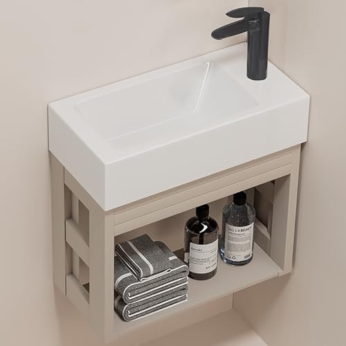 Lavabo En Céramique Mural,Meuble Lave Main Angle,Lave Main D Angle Wc Avec Meubl,Lave Main Wc Avec Meuble,Lavabo Petit,Rectangulaire,Lavabo Suspendu À Fixer Au Mur(Apricot,17.7in/45cm-L)