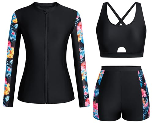 Traje de baño de 3 piezas para mujer, con protección UV UPF 50+, manga larga, cremallera, conjunto modesto, protección solar, camiseta de natación