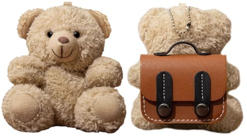 QoKcoahn - Custodia in morbido peluche con simpatico cartone animato per AirPods 2ª e 1ª generazione, cover in silicone soffice 3D Kawaii con orsetto zaino, portachiavi, divertente e cool per ragazzi