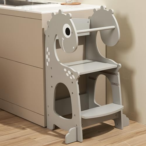 Toddler Kitchen Helper Nursery Step Stool Kids Standing Tower for 18months for Kids - Dinosaur Grey