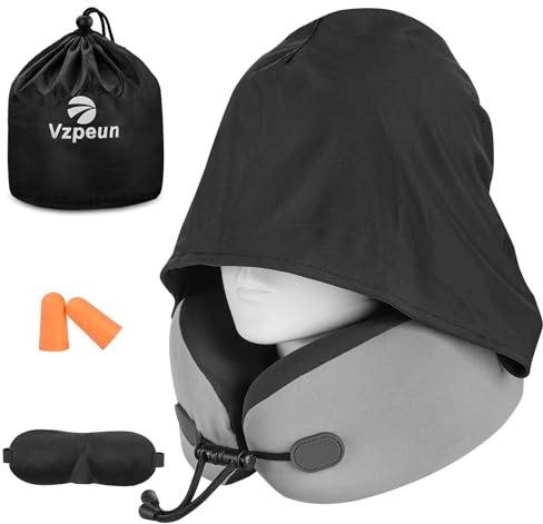 Vzpeun Neck Pillow for Travel - Hooded Memory Foam Plane Pillow for Airplane, Office, Cars Sleeping, Long Flight Must Haves, Portable Road Trip Essentials for Adults Gray
