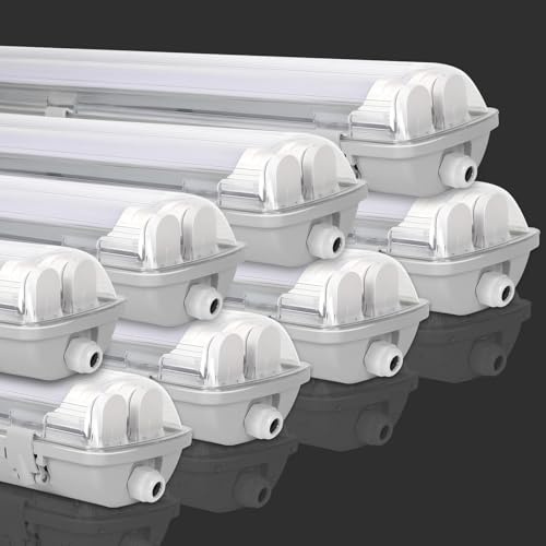 Fiqops 8 Stück Feuchtraumleuchte LED 120cm 2 X 18W 3600lm Wannenleuchte Neutralweiß 4500K IP65 Wasserfest Feuchtraumlampe Doppelt T8 LED Röhre,Röhrenlampe Werkstattlampe für Garage Keller Büro