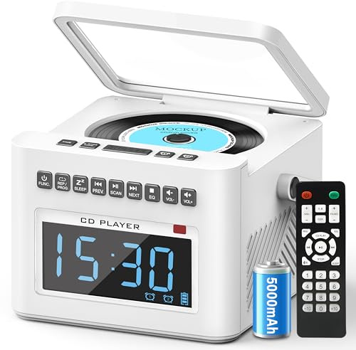Greadio CD Player Tragbar mit Wecker, 5000mAh Wiederaufladbare Bluetooth CD-Player mit Fernbedienung, Unterstützung FM Radio/AUX/USB/TF/Weißem Rauschen, 5W Lautsprecher, LCD Bildschirm (Weiß)