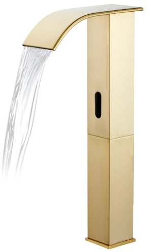 CDLODIN Touchless Bathroom Faucet, Automatic Sensor Bathroom Sink Tall Body Gold Faucet with Control Box, Modern Waterfall Stainless Steel Vanity Tap Single Hole and Temperature Mixer