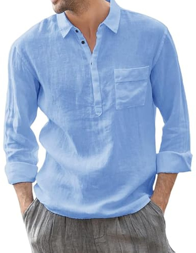 ZTFYKLIN Chemise Homme en Coton et Lin Chemiser Hommes Manches Longues Shirt à Col en V et Boutons avec Poches Tops Été Grande Taille Blouse De Plage Décontractée Classique Haut Leger Respirantes