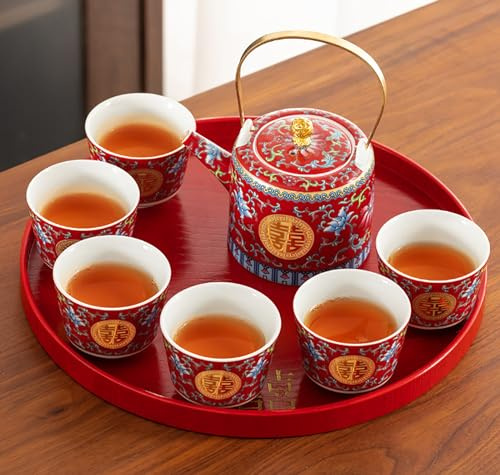 Juego de té chino genérico para boda | Porcelana con asa en forma de haz | Ideal para novios y amigos | Decoración de boda tradicional