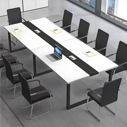 CCUKTFN Mesa de Reuniones Grande, Mesa de Conferencias Moderna con Conducto para Cables y Estructura de Metal Negro, Rectangular, para 8-12 Personas, Ideal para Oficina y Sala de Seminarios